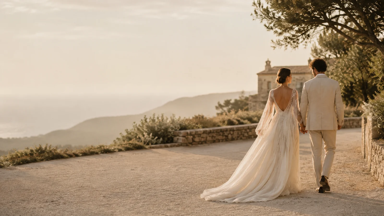 A couple walking together through a sunlit Mediterranean landscape on their wedding day